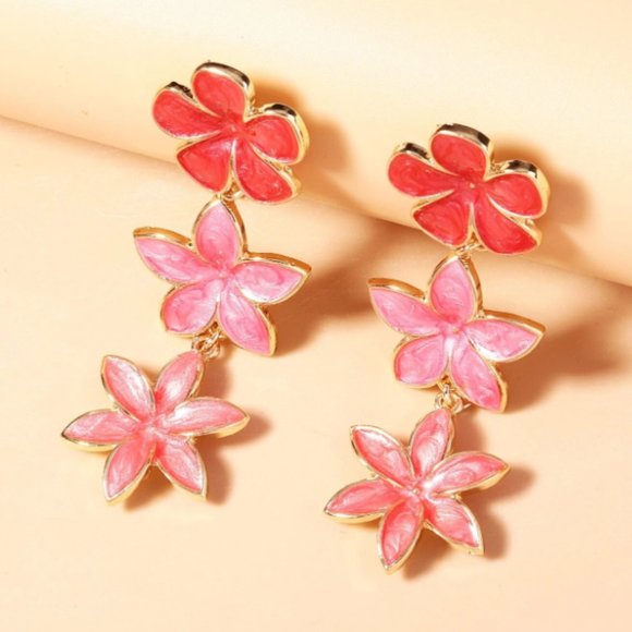 Three Tier Pink Floral Flower Drip Oil Enamel Drop Earrings NEW - Picture 2 of 8